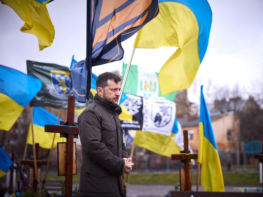 Ukraine President Volodymyr Zelensky visited the graves of fallen Ukrainian soldiers on the Field of Mars of the Lychakiv cemetery in Lviv, where defenders of Ukraine who died in battles with Russian troops have been buried since April 2022, amid the Russian invasion in Ukraine. Picture: AFP Photo/Ukrainian Presidential Press Service/handout