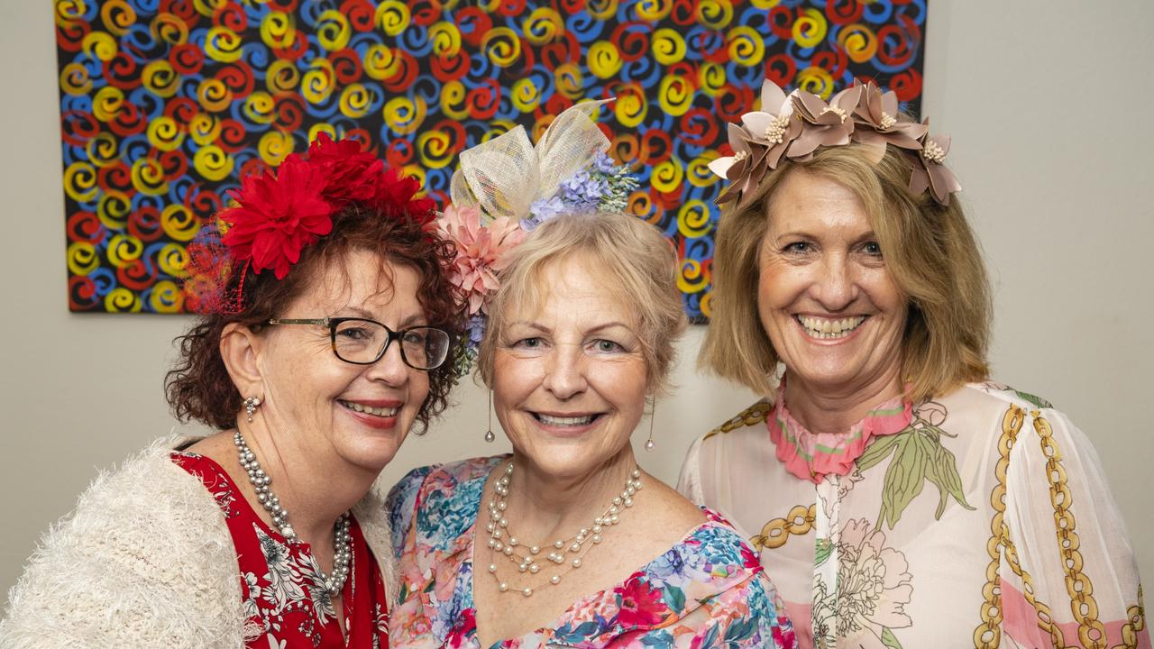 At the Melbourne Cup luncheon hosted by Rotary Club of Toowoomba City are (from left) Jenny Stephens, Amanda Lehane and Diana Bryant raising funds for Protea Place, Tuesday, November 1, 2022. Picture: Kevin Farmer