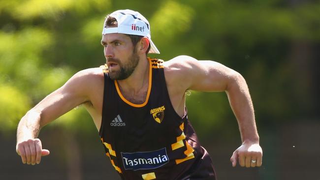 MELBOURNE, AUSTRALIA - DECEMBER 03: Luke Hodge of the Hawks runs during a Hawthorn Hawks AFL pre-season training session at Waverley Park on December 3, 2015 in Melbourne, Australia. (Photo by Robert Cianflone/Getty Images)