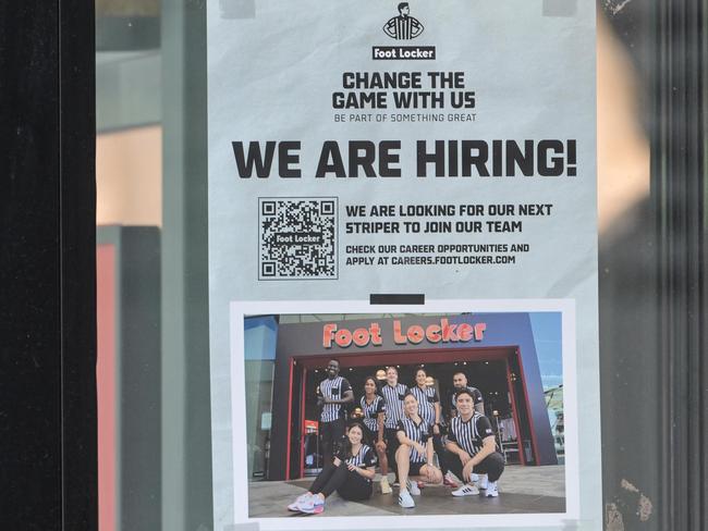 ADELAIDE, AUSTRALIA - NewsWire Photos JANUARY 11, 2023: Job vacancy signs. Foot Locker in Rundle Mall, Adelaide.The ABS will release the results of the quarterly Job Vacancies Survey from November 2022 containing estimates of job vacancies classified by industry, sector and state/territory. Picture: NCA NewsWire / Brenton Edwards