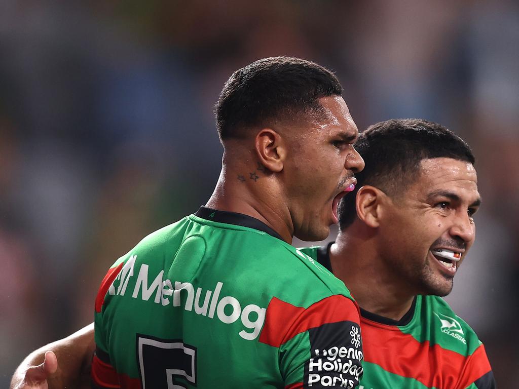 SYDNEY, AUSTRALIA - MARCH 07: Tyrone Munro of the Rabbitohs celebrates with CodyÃÂ Walker of the Rabbitohs after scoring a try during the round one NRL match between the Dolphins and South Sydney Rabbitohs at CommBank Stadium on March 07, 2025, in Sydney, Australia. (Photo by Jason McCawley/Getty Images)