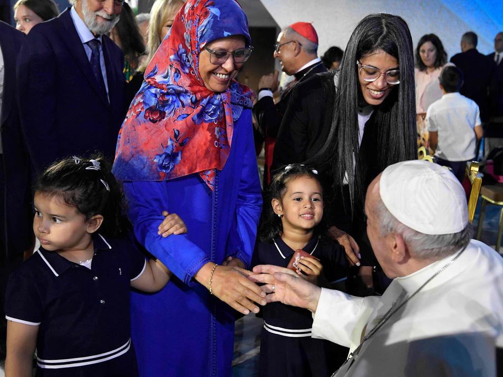 Pope Francis meeting with Zakia Seddiki, the widow of murdered Italian ambassador to the Democratic Republic of Congo Luca Attanasio, her mother and Seddiki's daughters as part of the Festival of Families. Picture: Handout / VATICAN MEDIA / AFP