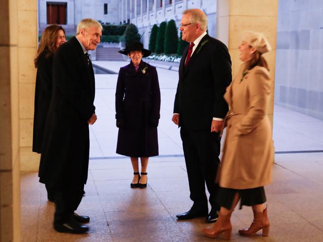 From left: Christine Simpson Stokes, Kerry Stokes, Linda Hurley, Scott Morrison and Jenni Morrison at the Australian War Memorial on Anzac Day. Picture: Getty Images