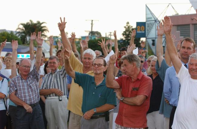 FLASHBACK TO 2002: Public vote at the Save Brisbane Road Carpark rally. 