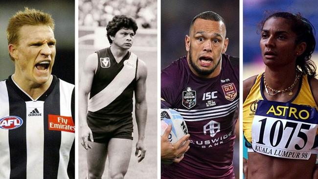 We listed our best 50 Territory sports stars of all time. It was controversial. Now it’s your turn. From left, Nathan Buckley, Maurice Rioli, WIll Chambers and Nova Peris all made our readers’ Top 25. Now you can vote on your choice for No. 1