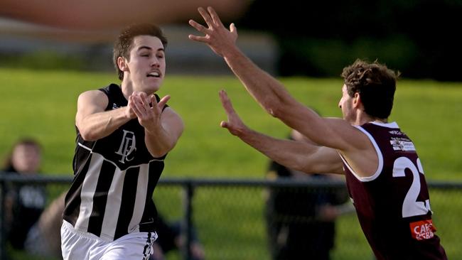 DarleyÃs Zane Le Huray and MeltonÃs Ryan Carter during the BFNL Melton v Darley football match in Toolern Vale, Saturday, June 3, 2023. Picture: Andy Brownbill