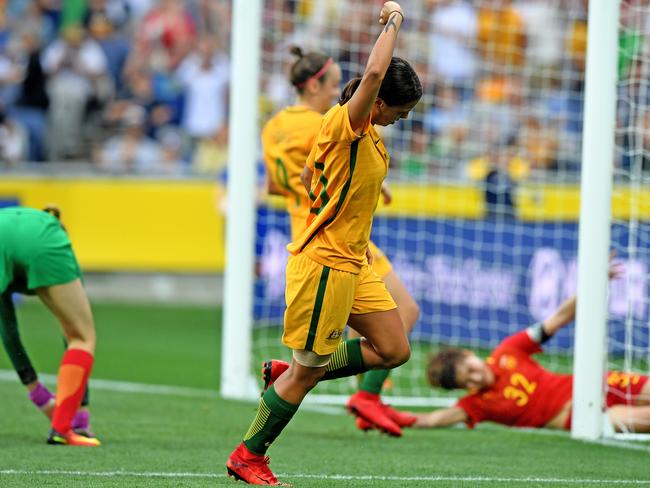 Kerr finds the back of the net against China. Pic: AAP