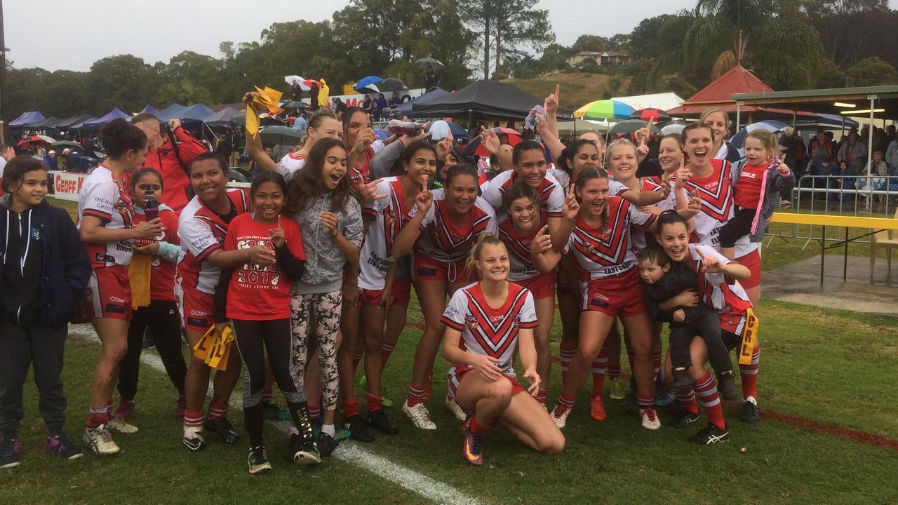 South Grafton Rebels girls celebrate clinching the Group 2 grand final during the Group 2 ladies league tag grand final