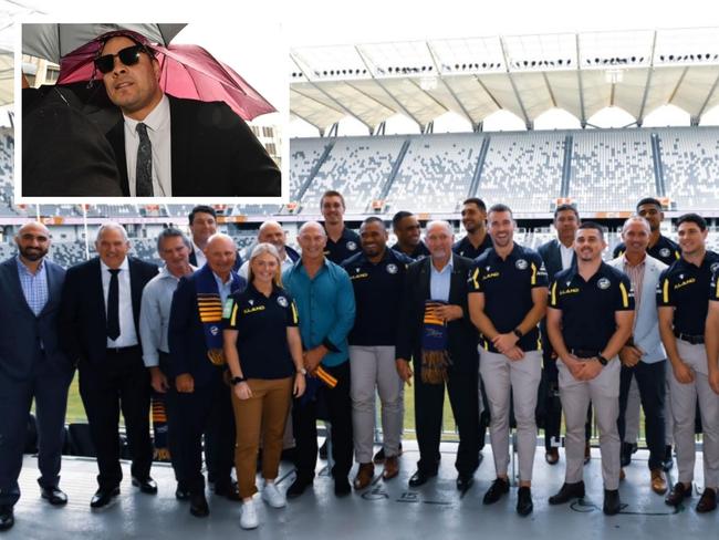 Jarryd Hayne was air-brushed out of the Eels 75 year celebrations. Photo: Getty Images and Facebook