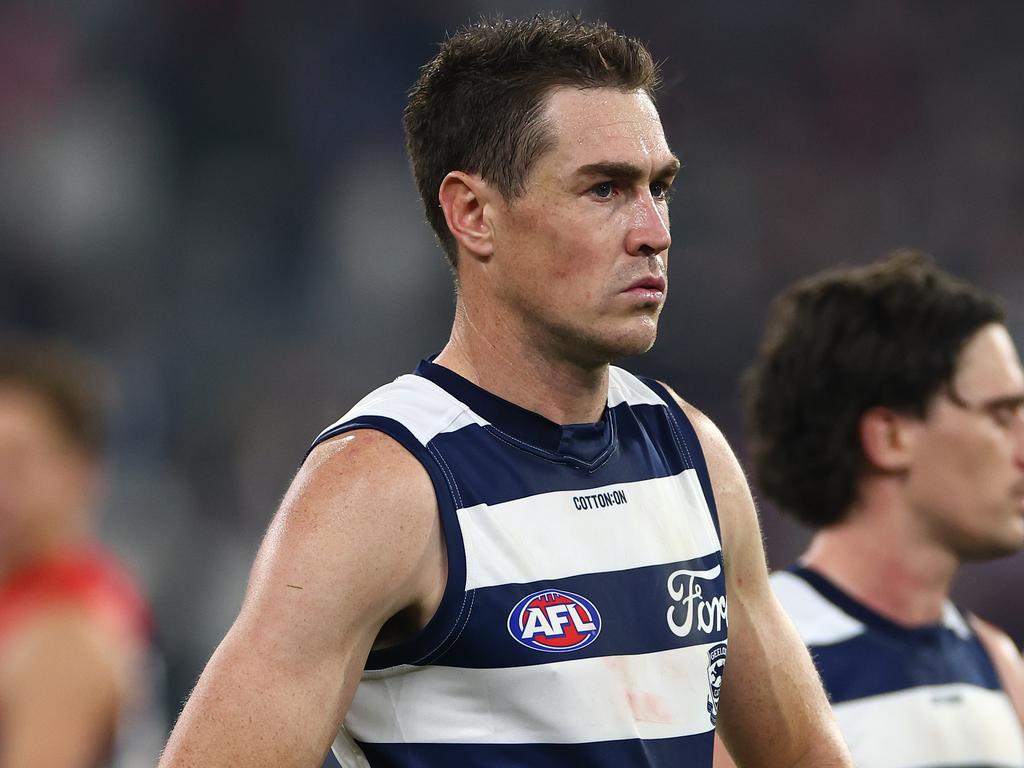 MELBOURNE, AUSTRALIA - MAY 04: Jeremy Cameron of the Cats looks dejected after losing the round eight AFL match between Melbourne Demons and Geelong Cats at Melbourne Cricket Ground, on May 04, 2024, in Melbourne, Australia. (Photo by Quinn Rooney/Getty Images)