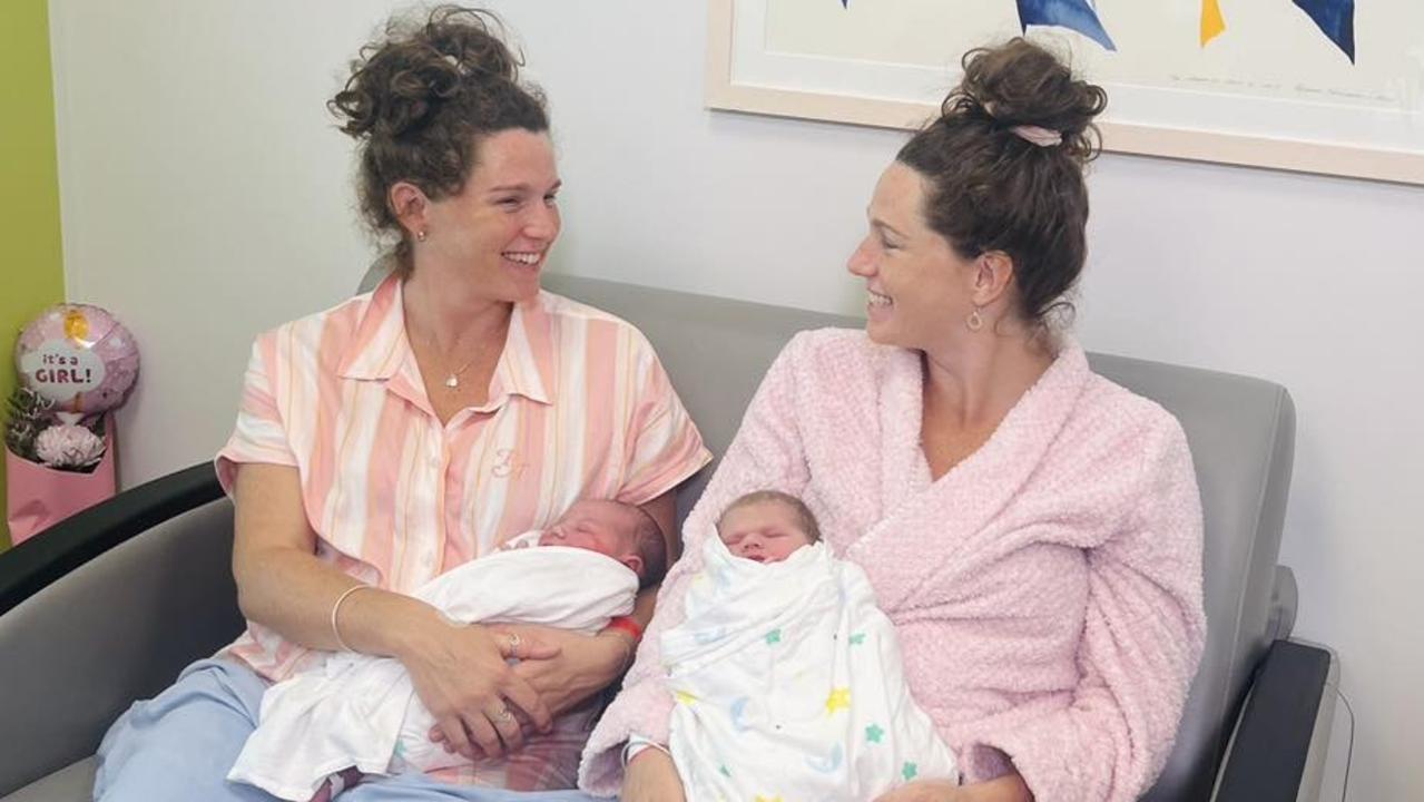 Identical twin mums Nicole and Renee Baillie never expected to have their babies born on the same day. Picture - contributed.