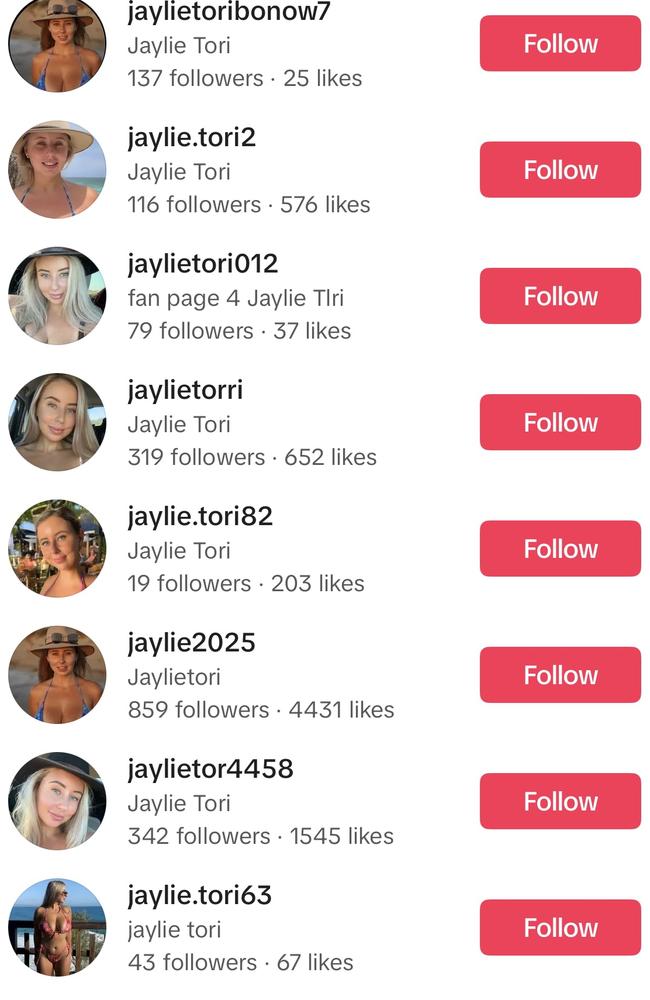Australian influencer Jaylie Bonow is speaking out as there are almost 100 fake accounts impersonating her on TikTok. Picture: TikTok,
