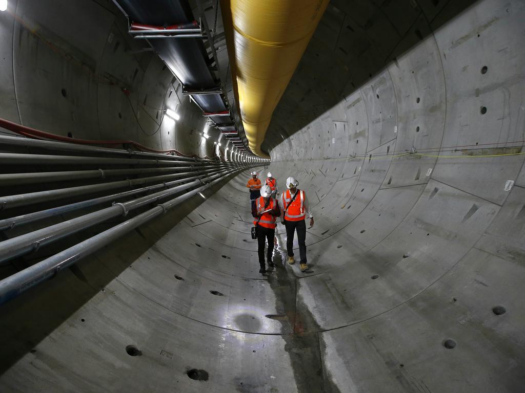 Underground in the North West Rail Link tunnel near Bella Vista. The North West Rail Link is underway and TBM Elizabeth has cut through 1092metres of earth travelling East from Bella Vista. Picture: Bradley Hunter