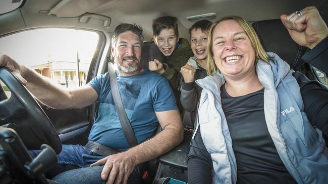 Adelaide is bracing for an exodus. The Eaton family, Kathryn, Russell with twins Cooper and Jasper, 10, cancelled a trip over Easter due to the lockdown and are now on there way to Aldinga. Picture: Roy Van Der Vegt