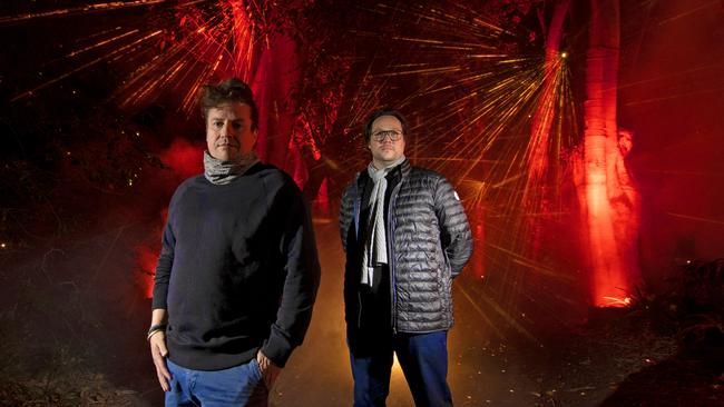 Gabriel Pontbriand and Mathieu Grainger of Montreal’s Moment Factory, with part of their installation Light Cycles at Adelaide Botanic Gardens. Picture: Naomi Jellicoe