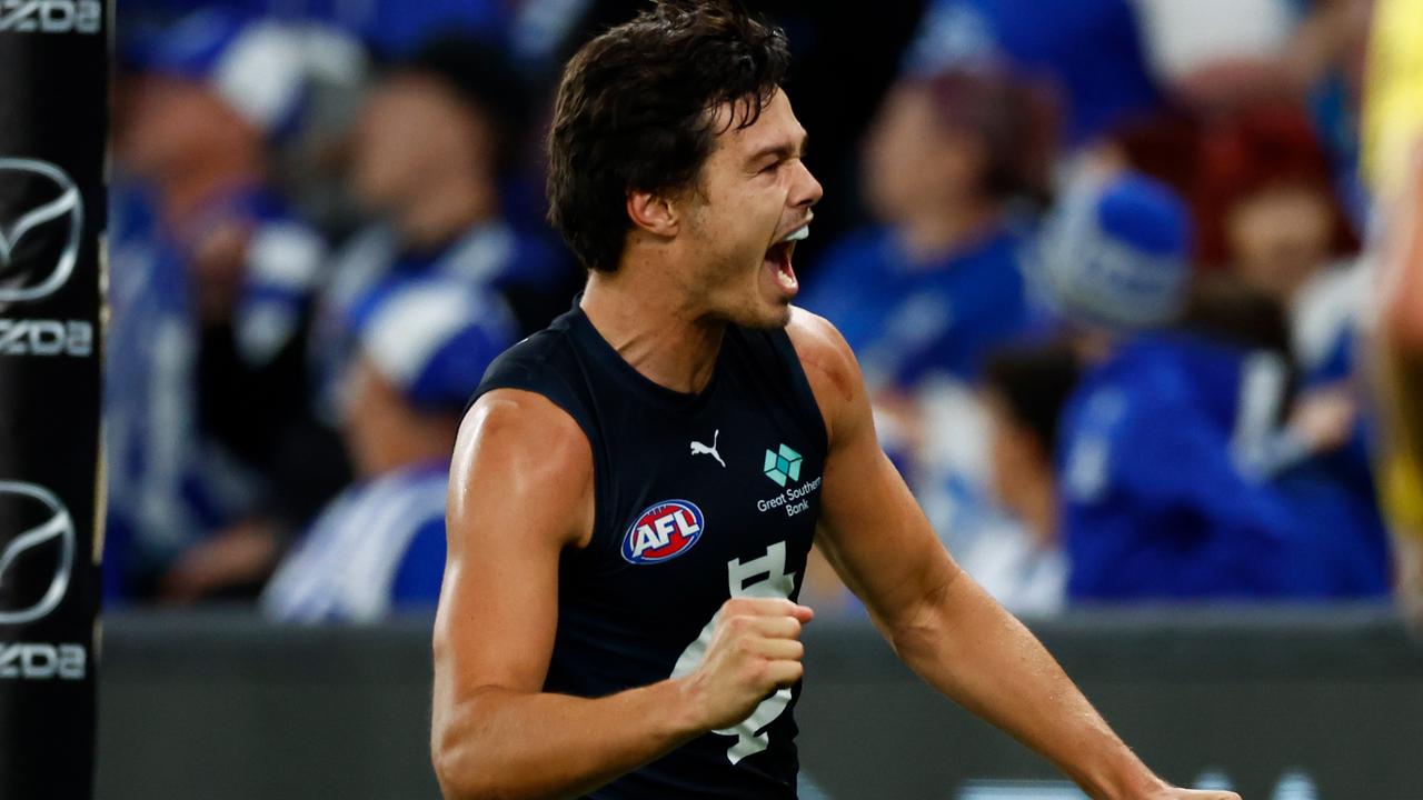 Jack Silvagni celebrates a goal. Picture: Michael Willson/AFL Photos via Getty Images