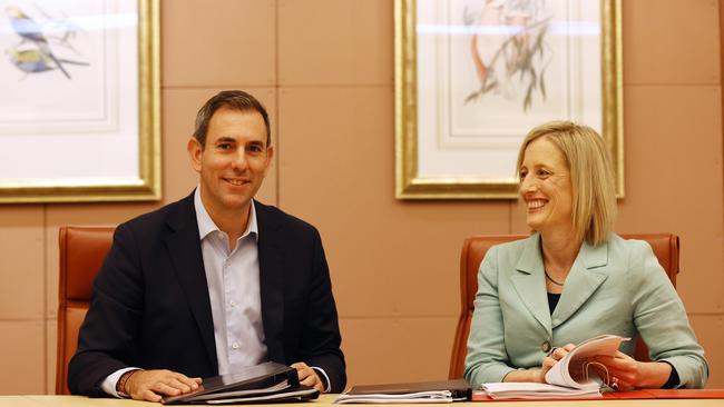 Treasurer Jim Chalmers and Finance Minister Katy Gallagher in the cabinet room at Parliament House in Canberra ahead of Tuesday's federal budget. Picture: Jonathan Ng