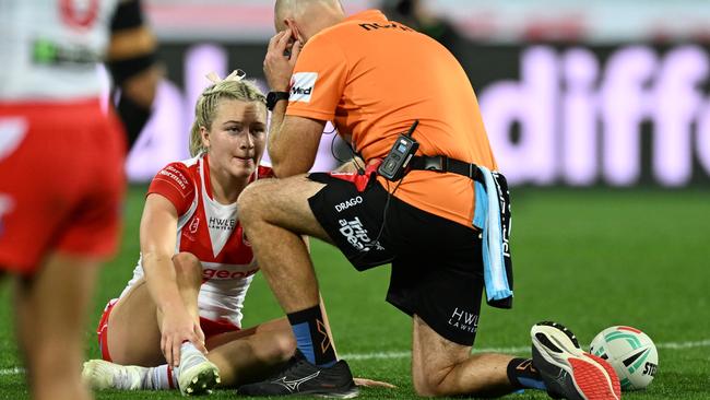 Sophie Clancy was taken from the field after sustaining a shoulder injury. Picture: NRL Imagery