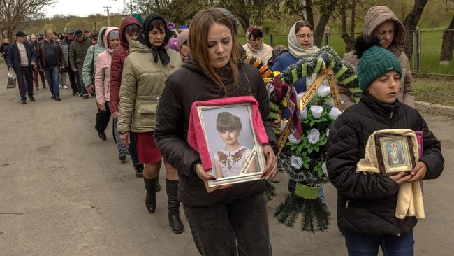 The funeral on Sunday of Uliana Troichuk, eight, one of the 23 people killed in the Russian attack on Uman. Picture: Getty Images