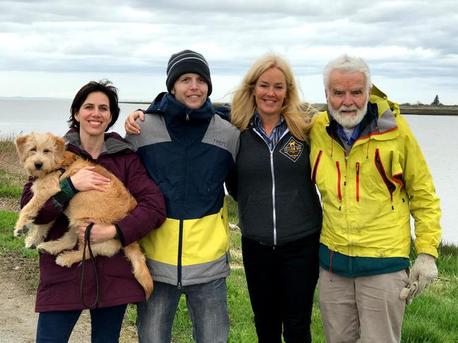 Jackie Taranto (second from right) with (from left) sister-in-law Tina Gunn, late half-brother Dan Gunn and their father Brian Gunn, and dog Liquorice.