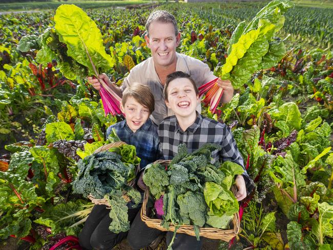 Wayne Shields with sons Oscar, 10, and Flynn, 12. Peninsula Fresh Organics have been awarded a $300,00 grant from the Coles Nurture fund to transform their irrigation infrastructure. Picture: Rob Leeson