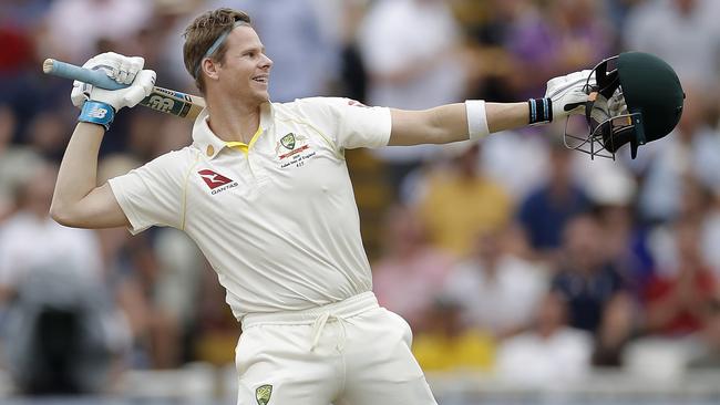 Steve Smith of Australia celebrates after reaching his century during day four of the Ashes Test between England and Australia at Edgbaston.