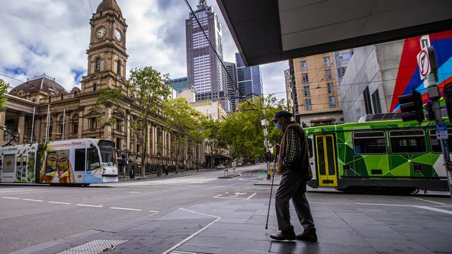 Melbourne’s central business district is nearly deserted as Victorians lock down to fight another coronavirus outbreak. Picture: Getty Images