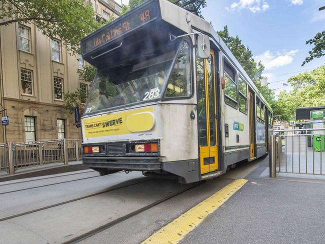 yellow strips along Collins St which separate the trams and the cars.Picture:Rob Leeson.