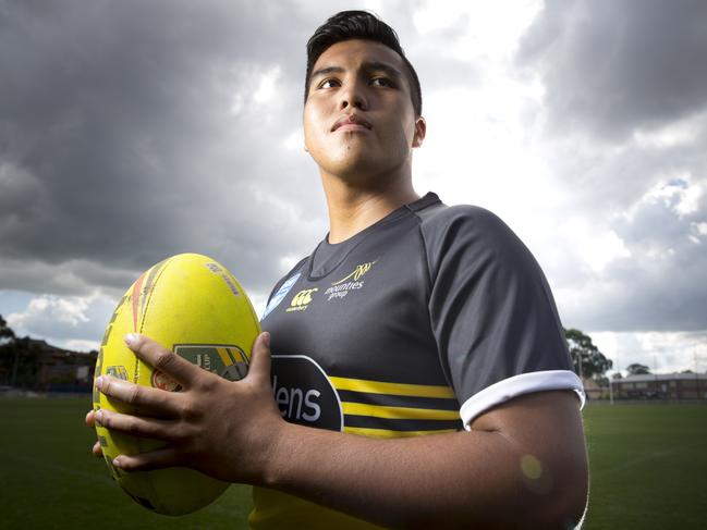 Fairfield Advance - Mason Williams (17, pictured) plays for a Mounties NRL football / rugby league team.  Photographs taken at Mounties, Humphries Road, Mount Pritchard NSW Australia