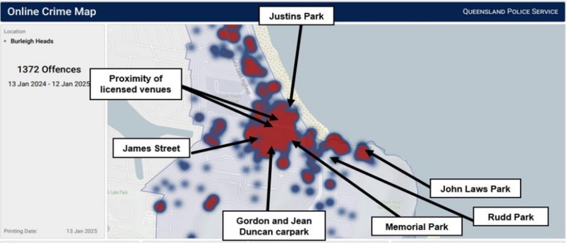 A graphic from a Gold Coast City report showing a heat map for crime at Burleigh.