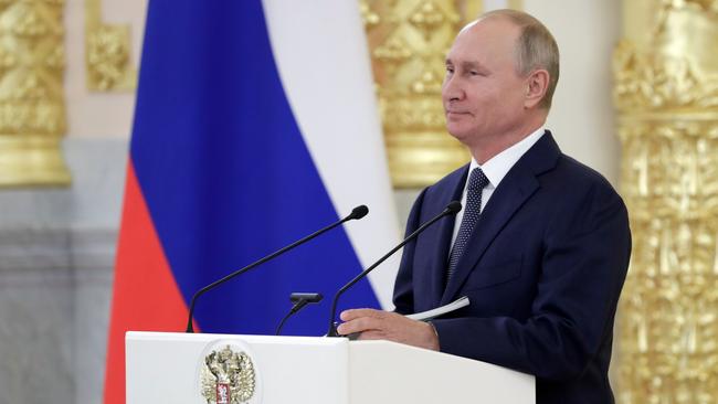 Russian President Vladimir Putin addresses members of the Federation Council at the Kremlin in Moscow on Wednesday. Picture: AFP