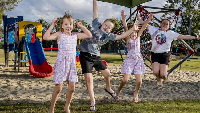 At Bicentennial Park in Molendinar are Victoria Paris, 6, Jordan Paris, 8, Natalia Paris, 6, and Jacinta Paris, 10, are excited about parks being reopening after some restriction due to COVID-19 are being relaxed. Picture: Jerad Williams