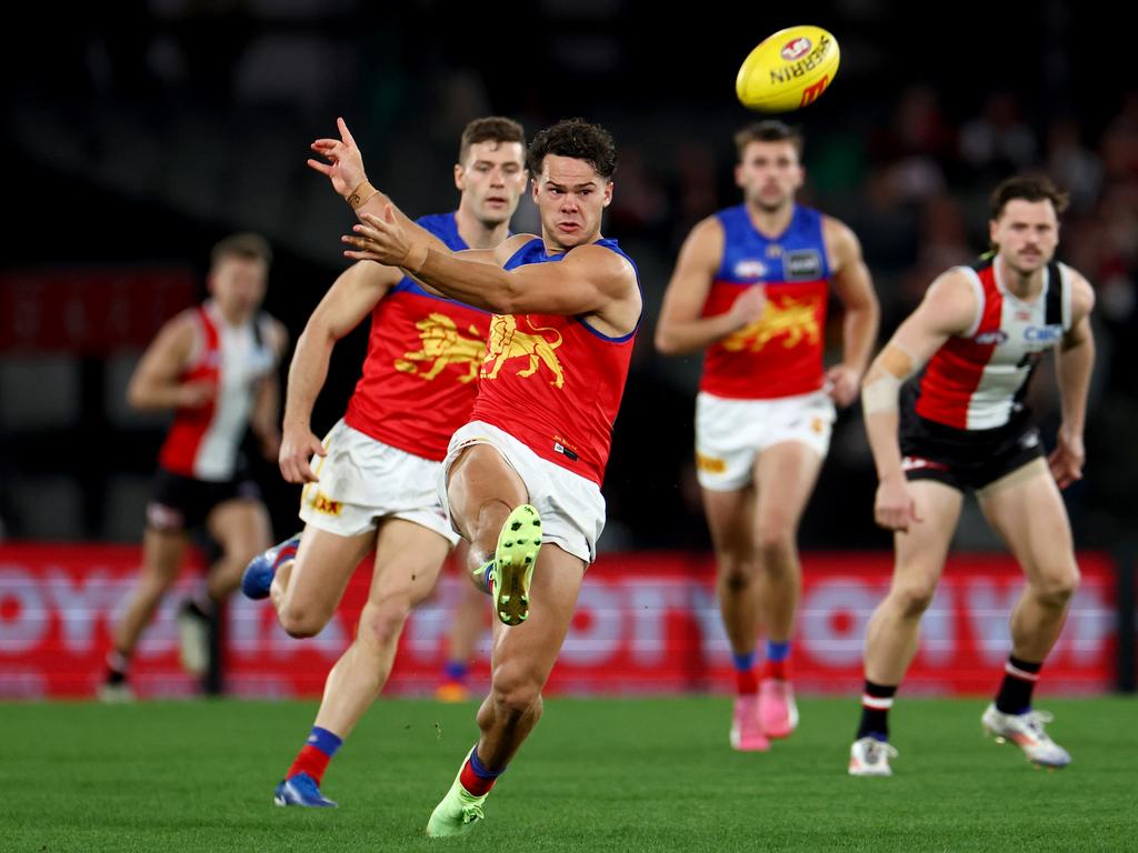 MELBOURNE, AUSTRALIA – AUGUST 04: Cam Rayner of the Lions kicks during the round 21 AFL match between St Kilda Saints and Brisbane Lions at Marvel Stadium, on August 04, 2024, in Melbourne, Australia. (Photo by Josh Chadwick/AFL Photos/via Getty Images)