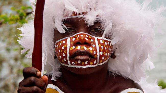 Dhunumbu Munuggurr, 5, will dance the Rirratjingu clan's Wuyal dance that represents the suger bag man story on Australia Day to celebrate people from all walks of life coming together with Yirrkala's indigenous people. Picture: Michael Franchi