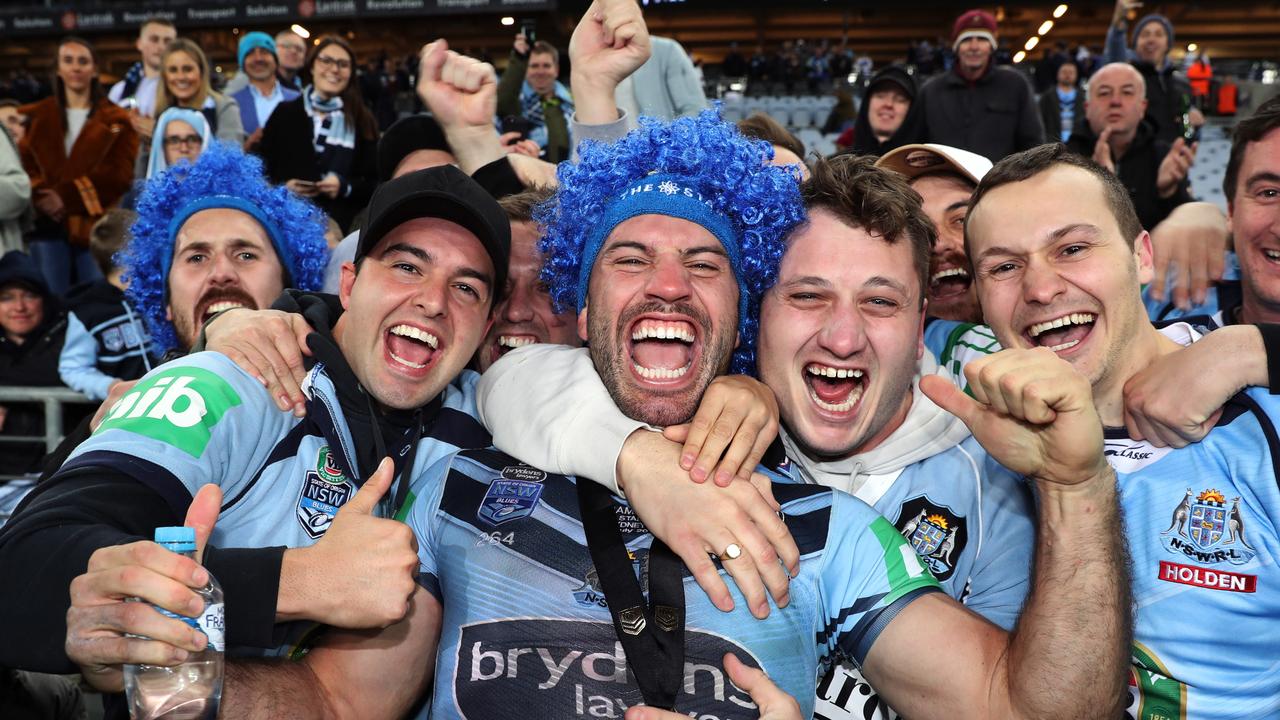 James Tedesco celebrating with fans after Game 3 of the State of Origin Series between NSW and QLD at ANZ Stadium, Homebush. Picture: Brett Costello