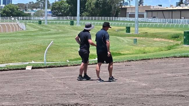 Work underway on Monday to remove the poisoned section of track at the Gold Coast Turf Club and replace it with new turf ahead of this weekends Magic Million race day. Picture: Supplied.