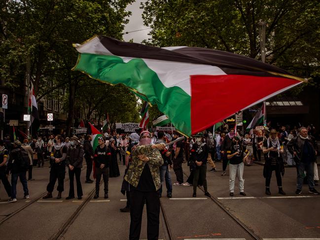 A protester waves a large Palestinian flag during a Pro-Palestine rally in Melbourne. Picture: NewsWire