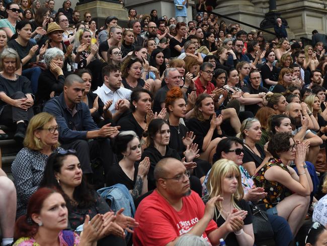 Hundreds of Melburnians have gathered at Parliament House to honour murdered international student Aiia Maasarwe. Picture: Tony Gough