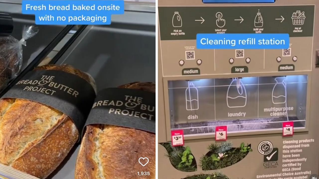 Some of the new sustainable features being rolled out in selected stores include not packaging fresh made bread in plastic and refill stations for cleaning products. Picture: Instagram / @banish.au