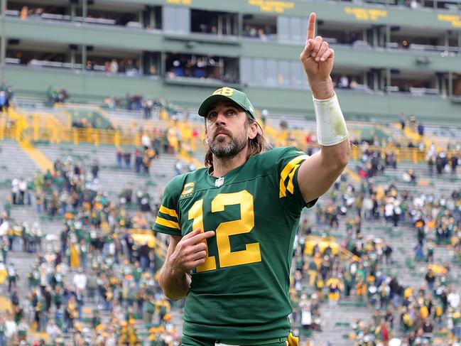 GREEN BAY, WISCONSIN - OCTOBER 24: Aaron Rodgers #12 of the Green Bay Packers leaves the field following a game against the Washington Football Team at Lambeau Field on October 24, 2021 in Green Bay, Wisconsin. (Photo by Stacy Revere/Getty Images)