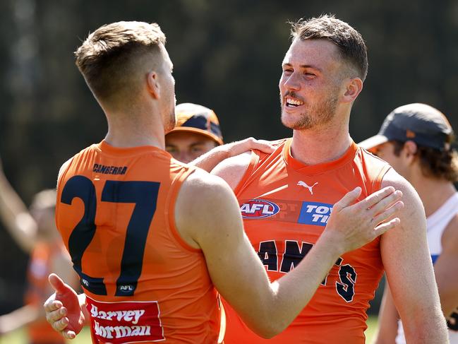 Kieren Briggs and Harry Himmelberg during the GWS Giants training session on September 14, 2023. Photo by Phil Hillyard(Image Supplied for Editorial Use only - **NO ON SALES** - Â©Phil Hillyard )