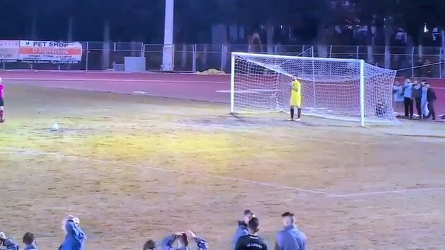 Meni Haralampopoulos scores a penalty in his club Acharnaikos’ 5-4 Cup final win