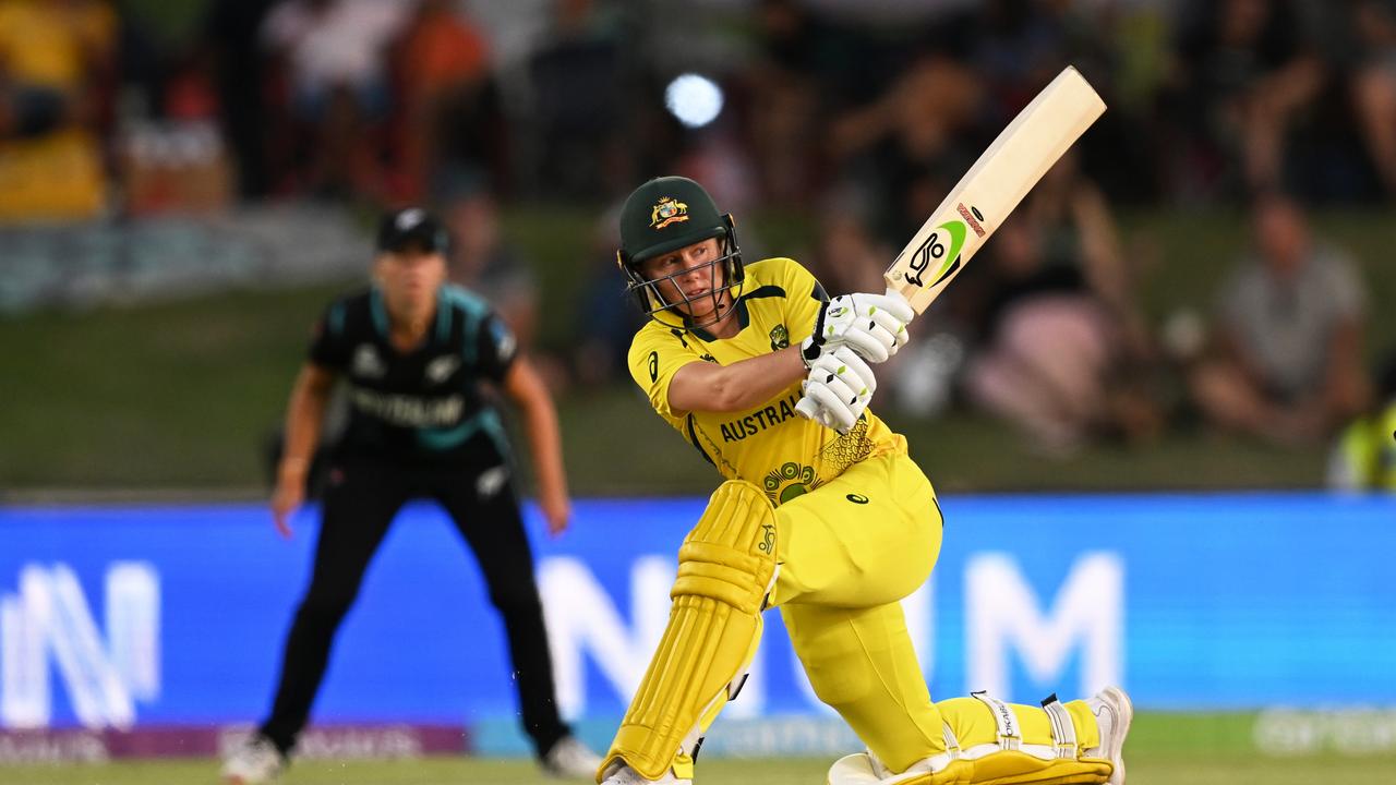 Alyssa Healy of Australia plays a shot during the ICC Women's T20 World Cup group A match between Australia and New Zealand at Boland Park on February 11, 2023 in Paarl, South Africa. (Photo by Mike Hewitt/Getty Images)