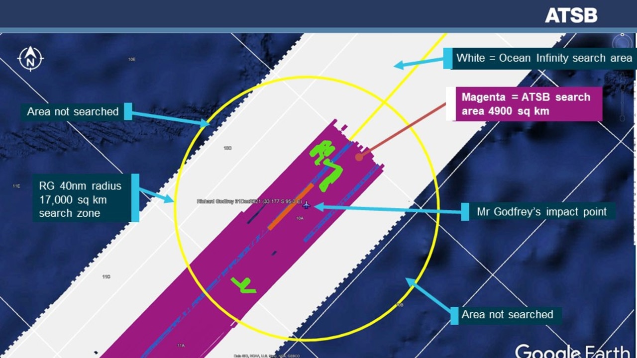 The MH370 search site and area identified by British engineer Richard Godfrey as the aircraft's point of impact. Picture: ATSB