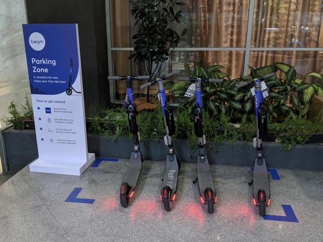 BEAM e-scooters in an Adelaide parking bay. Picture: Supplied.