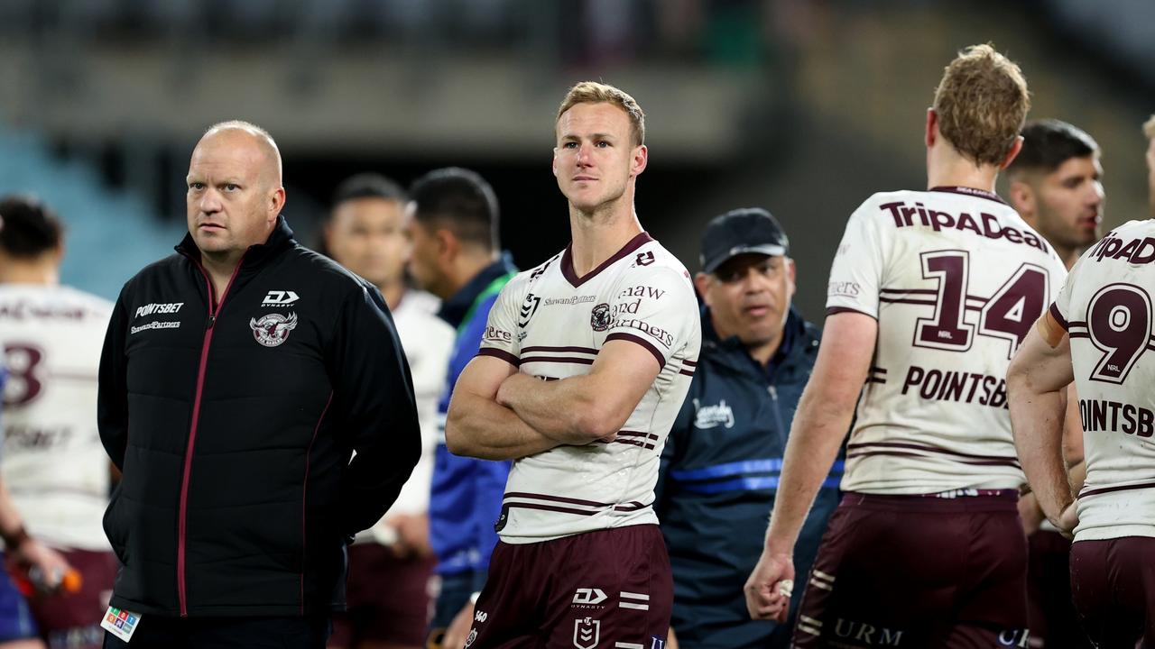 Sea Eagles players react at full time during the round 25 NRL match between the Canterbury Bulldogs and the Manly Sea Eagles at Accor Stadium.