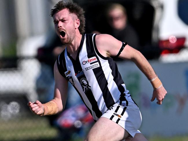 WallanÃs Sean Morris celebrates a goal during the RDFL Melton Centrals v Wallan football match in Harkness, Saturday, April 23, 2022. Picture: Andy Brownbill