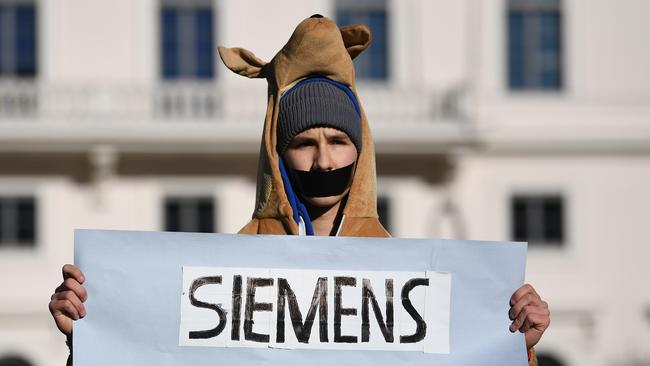 A Fridays for Future protester in a kangaroo costume demonstrates outside Siemens’ HQ in Munich. Picture: Getty Images