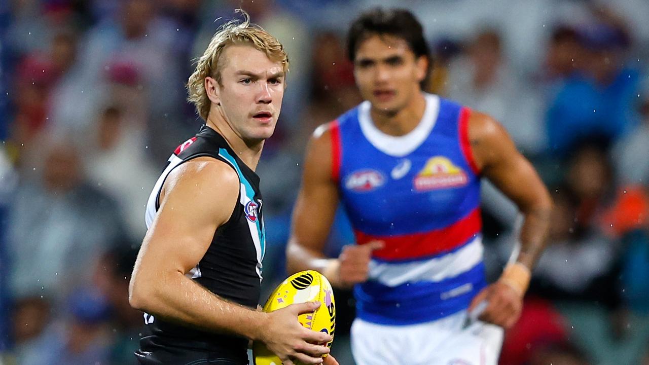 ADELAIDE, AUSTRALIA - APRIL 15: Jason Horne-Francis of the Power looks on during the 2023 AFL Round 05 match between the Port Adelaide Power and the Western Bulldogs at Adelaide Oval on April 15, 2023 in Adelaide, Australia. (Photo by Dylan Burns/AFL Photos via Getty Images)