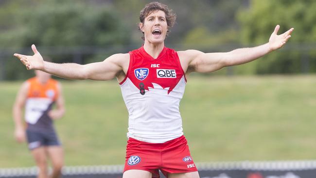 Kurt Tippett played in the ruck and up forward for the Swans in the 171-point smashing of the Giants’ undermanned reserves. Picture: Melvyn Knipe